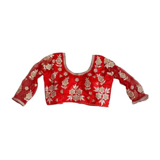 Choli indio rojo con mangas de gasa y bordados dorados