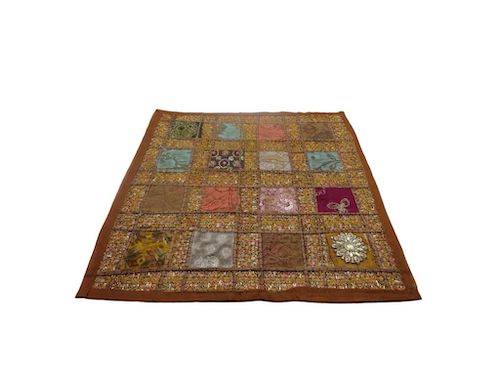 Funda de cojín étnico indio bordado patchwork MARRÓN