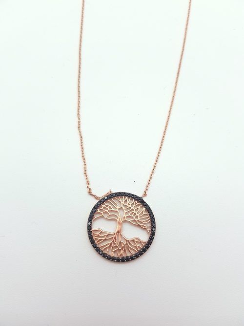 Collar de arbol de la vida de oro rosa con circonitas tintadas de negro