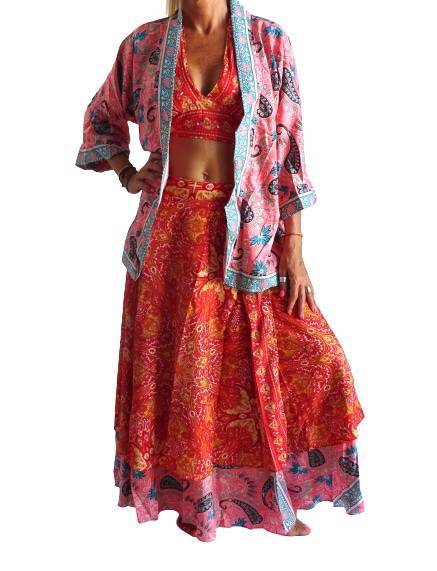 Conjunto seda india reversible top, falda y kimono