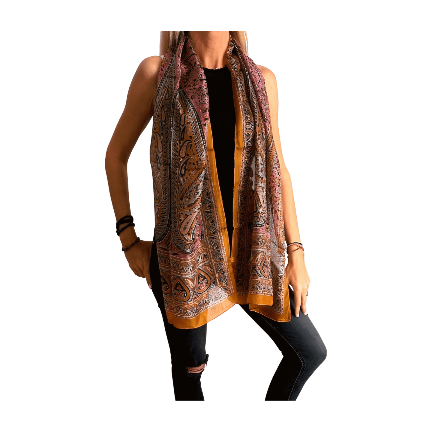 Foulard de seda de la india estampado caqui