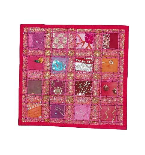 Funda de cojín étnico indio patchwork FUCSIA