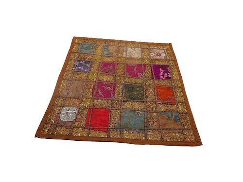 Funda de cojín étnico indio bordado patchwork MARRÓN