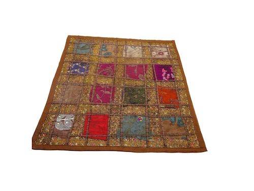 Funda de cojín étnico indio bordado patchwork MARRÓN