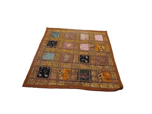 Funda de cojín étnico indio bordado patchwork MARRÓN