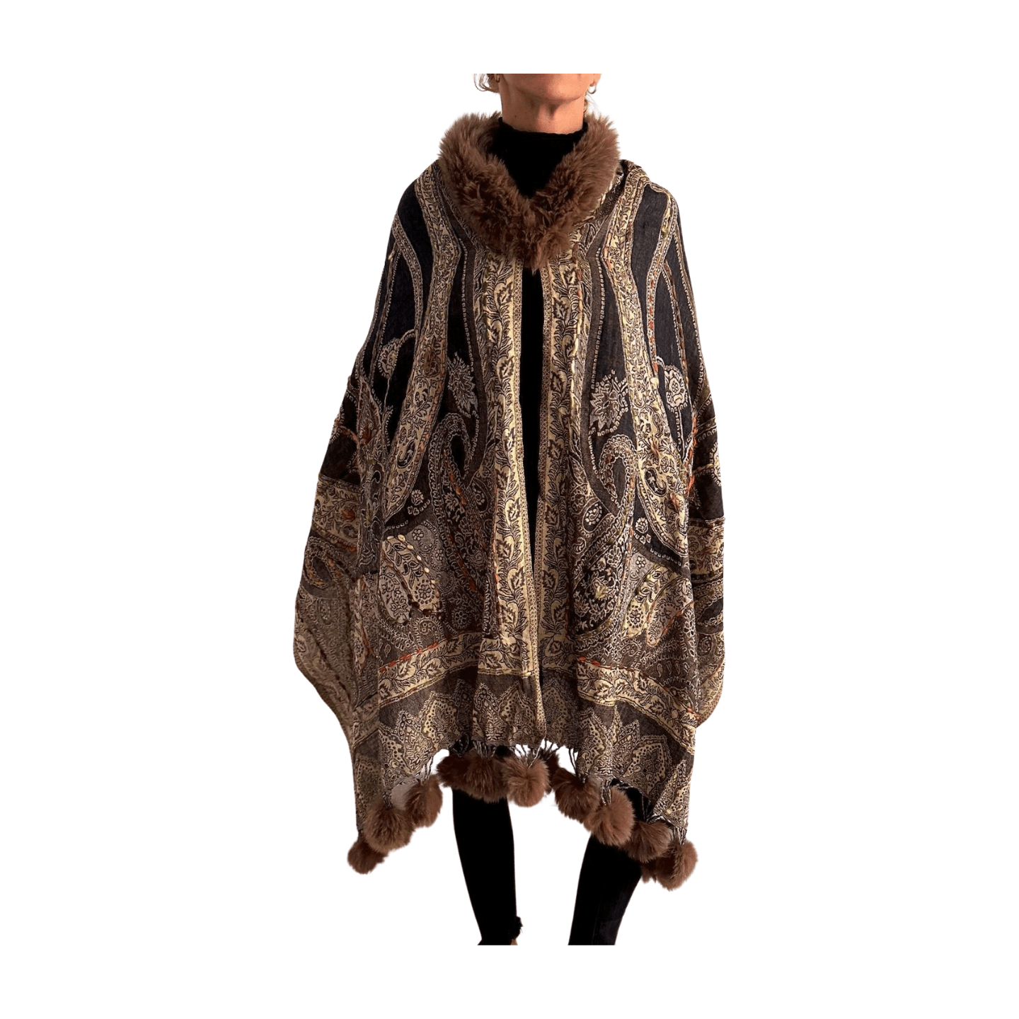 Pashmina de lana bordada con borlas y cuello de pelito-Modelo F