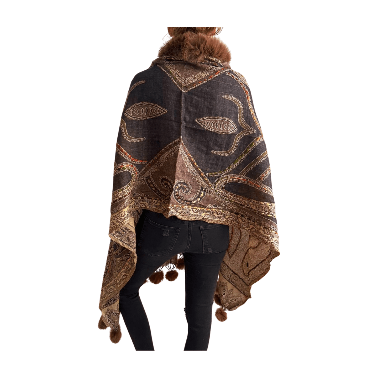 Pashmina de lana bordada con borlas y cuello de pelito-Modelo F
