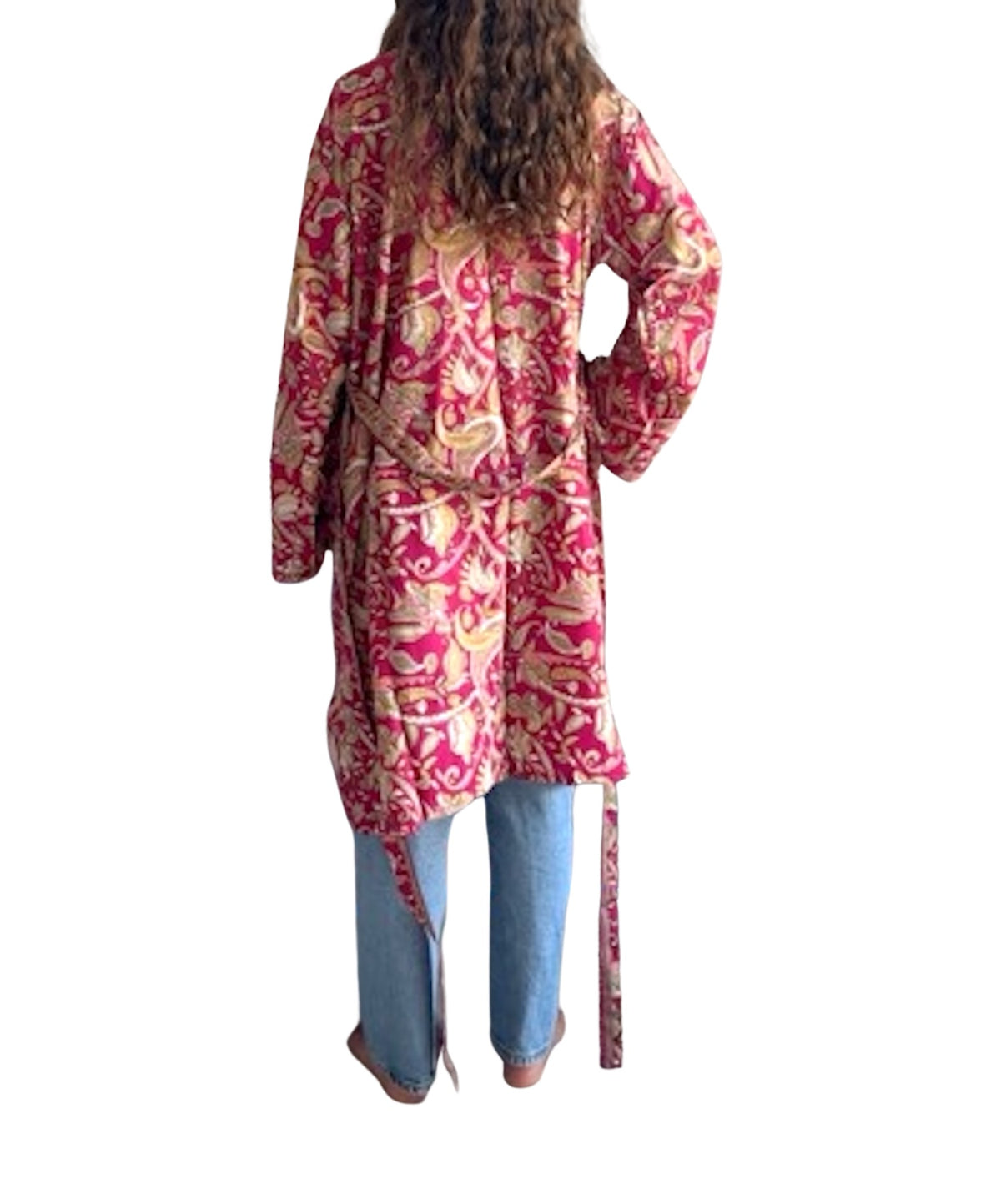 Kimono de seda india estampado granate – comercio ético