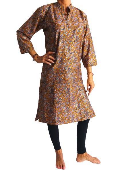 Kurta unisex indio de seda brillante marrón