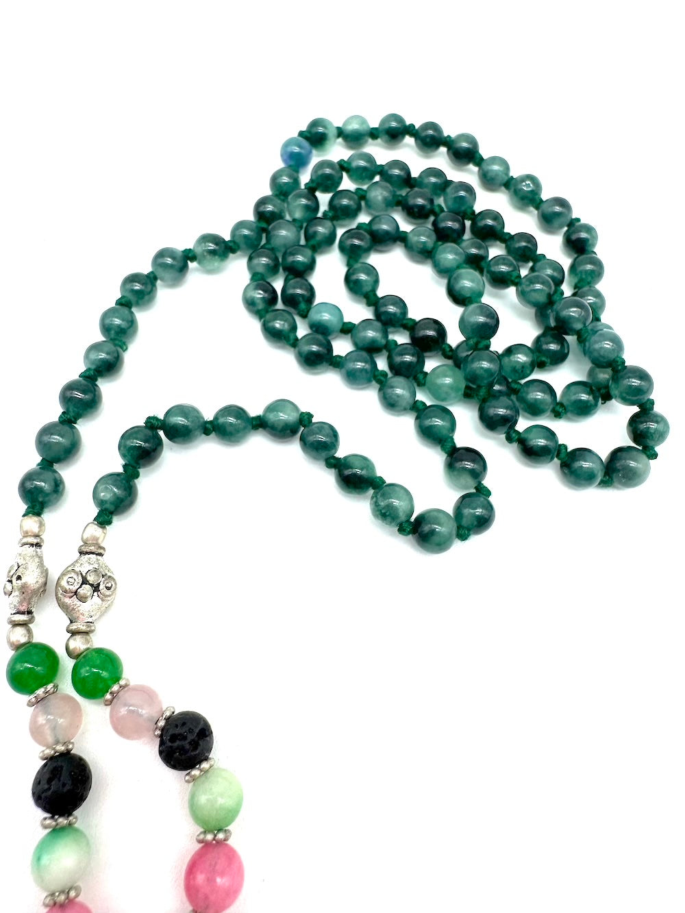 Mala de minerales de ÁGATA VERDE, minerales 7 chakras y adornos de metal plateado