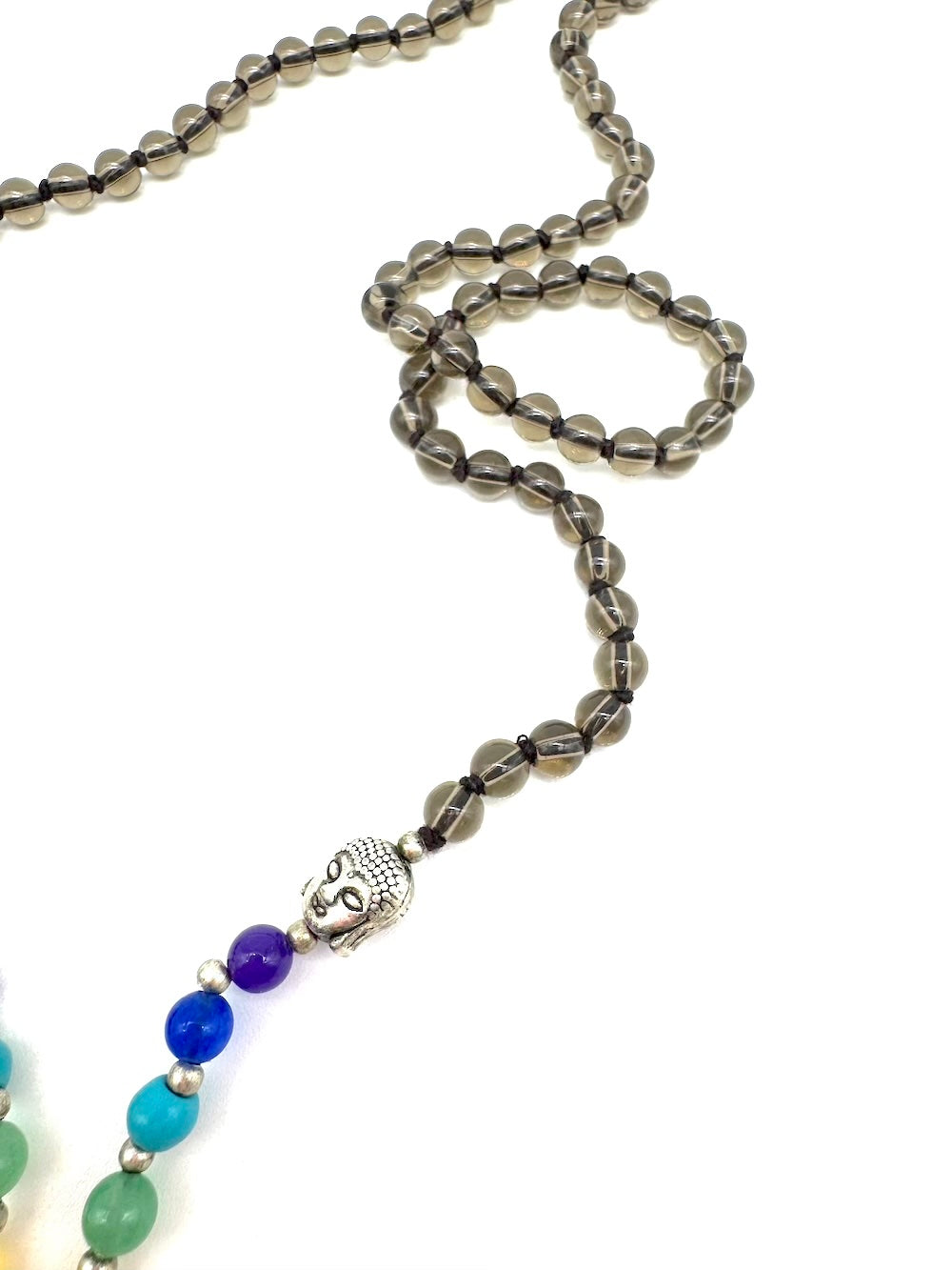 Mala de minerales naturales CUARZO AHUMADO y piedras 7 chakras con cabeza de Buda