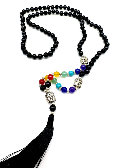 Mala de minerales naturales ÓNIX NEGRO y piedras 7 chakras con cabeza de Buda