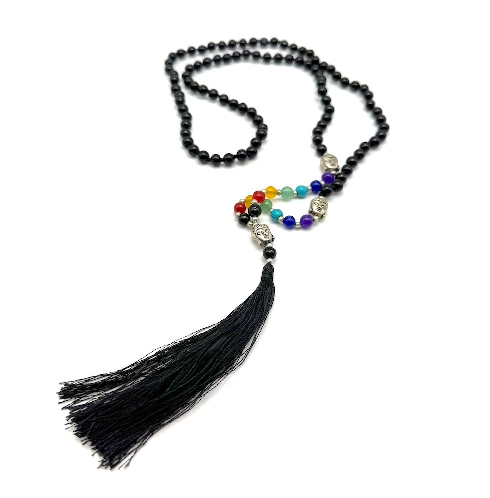 Mala de minerales naturales ÓNIX NEGRO y piedras 7 chakras con cabeza de Buda