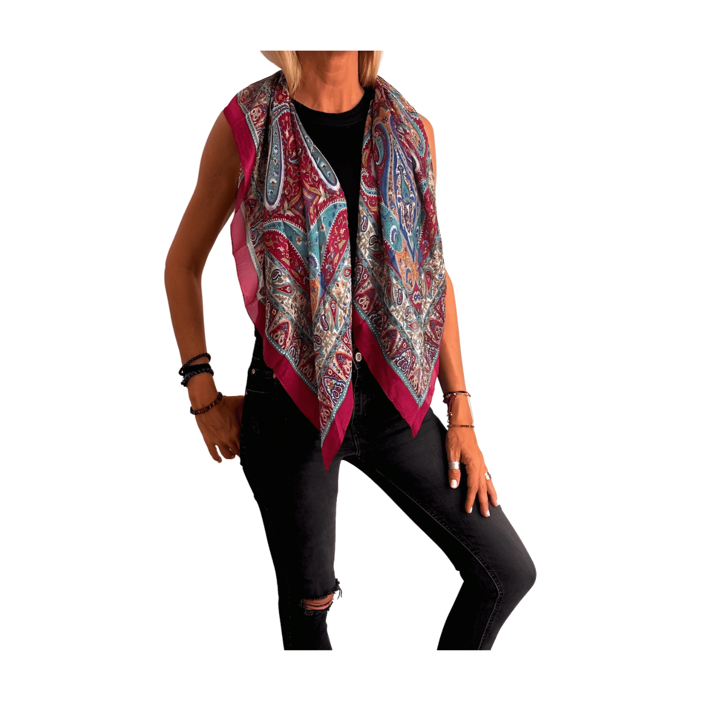 Pañuelo de seda de la india estampado fucsia