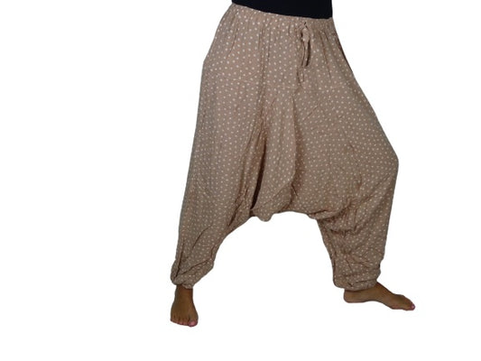 Pantalón afgano indio camel con topitos blancos