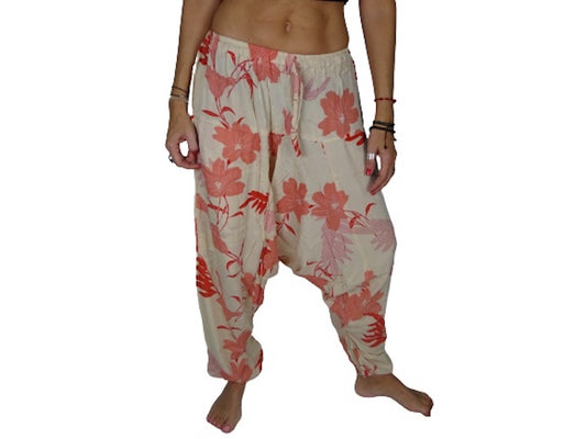 Pantalón afgano indio  blanco roto con estampado floral