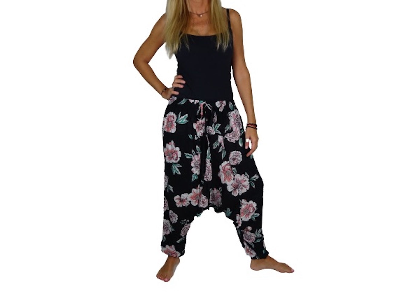 Pantalón afgano indio negro con flores