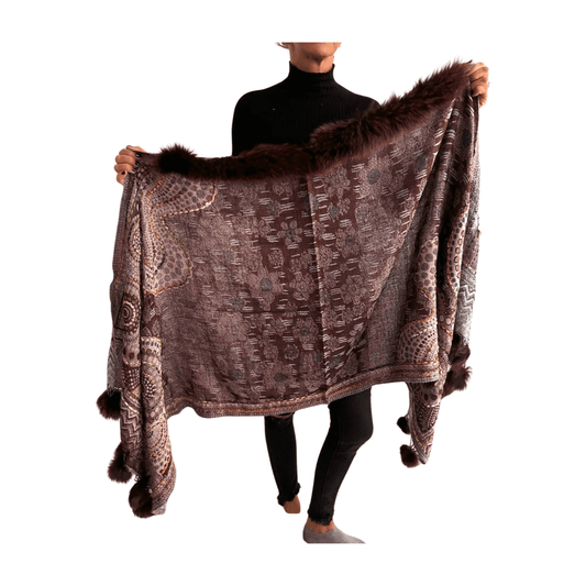 Pashmina de lana bordada con borlas y cuello de pelito-modelo I