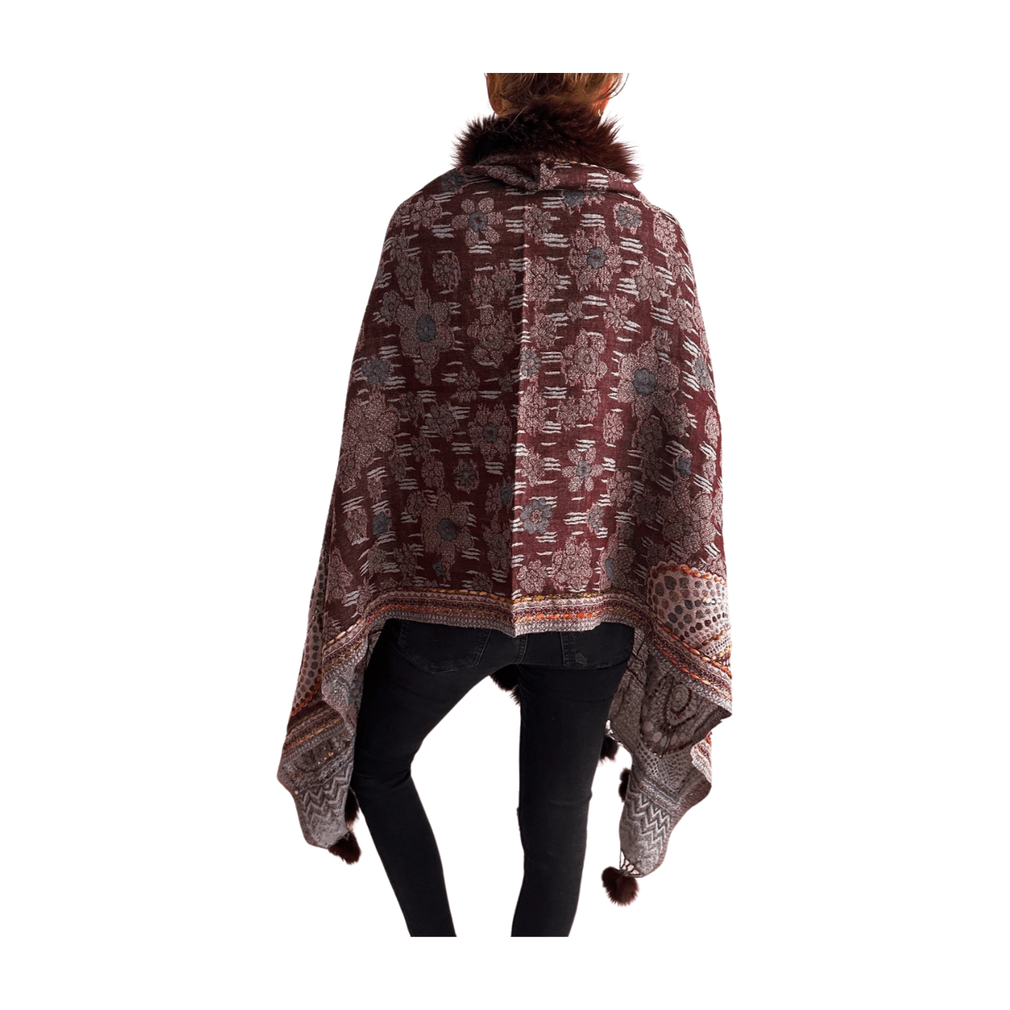 Pashmina de lana bordada con borlas y cuello de pelito-modelo I