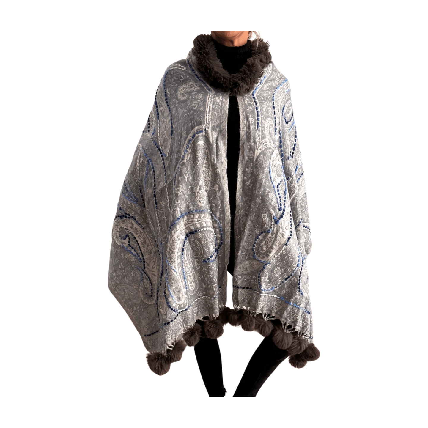 Pashmina de lana bordada con borlas y cuello de pelito-Modelo L