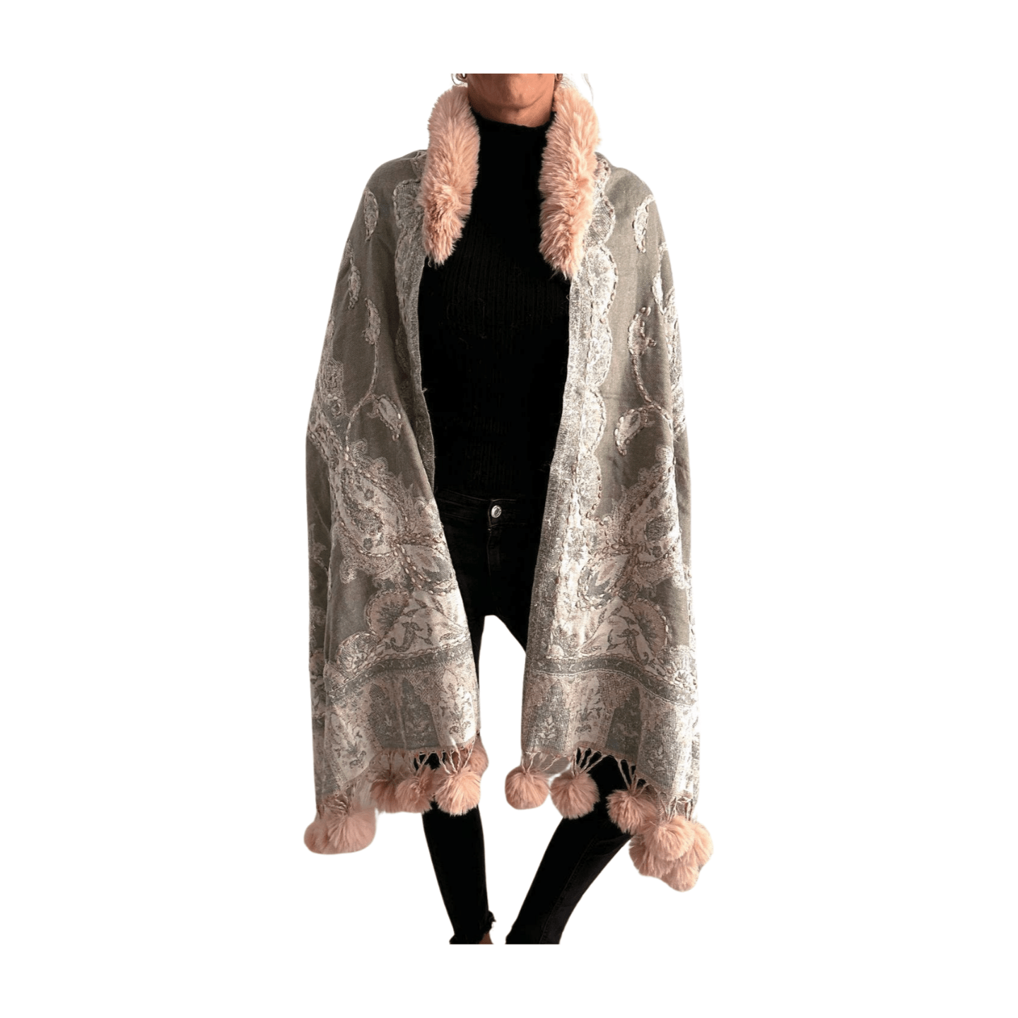 Pashmina de lana bordada con borlas y cuello de pelito-Modelo B