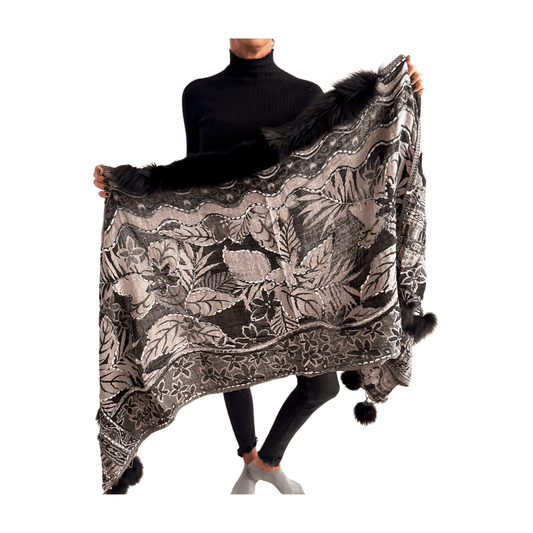 Pashmina de lana bordada con borlas y cuello de pelito-Modelo G