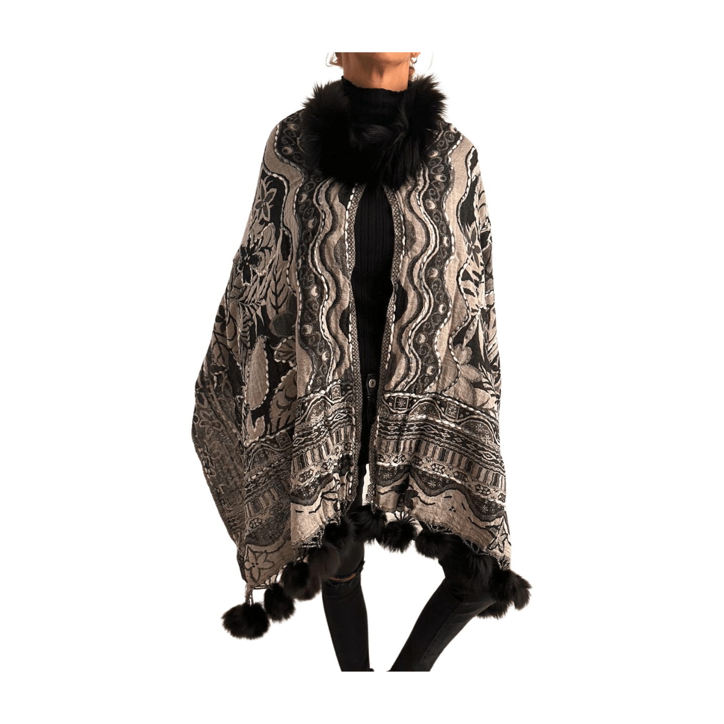 Pashmina de lana bordada con borlas y cuello de pelito-Modelo G