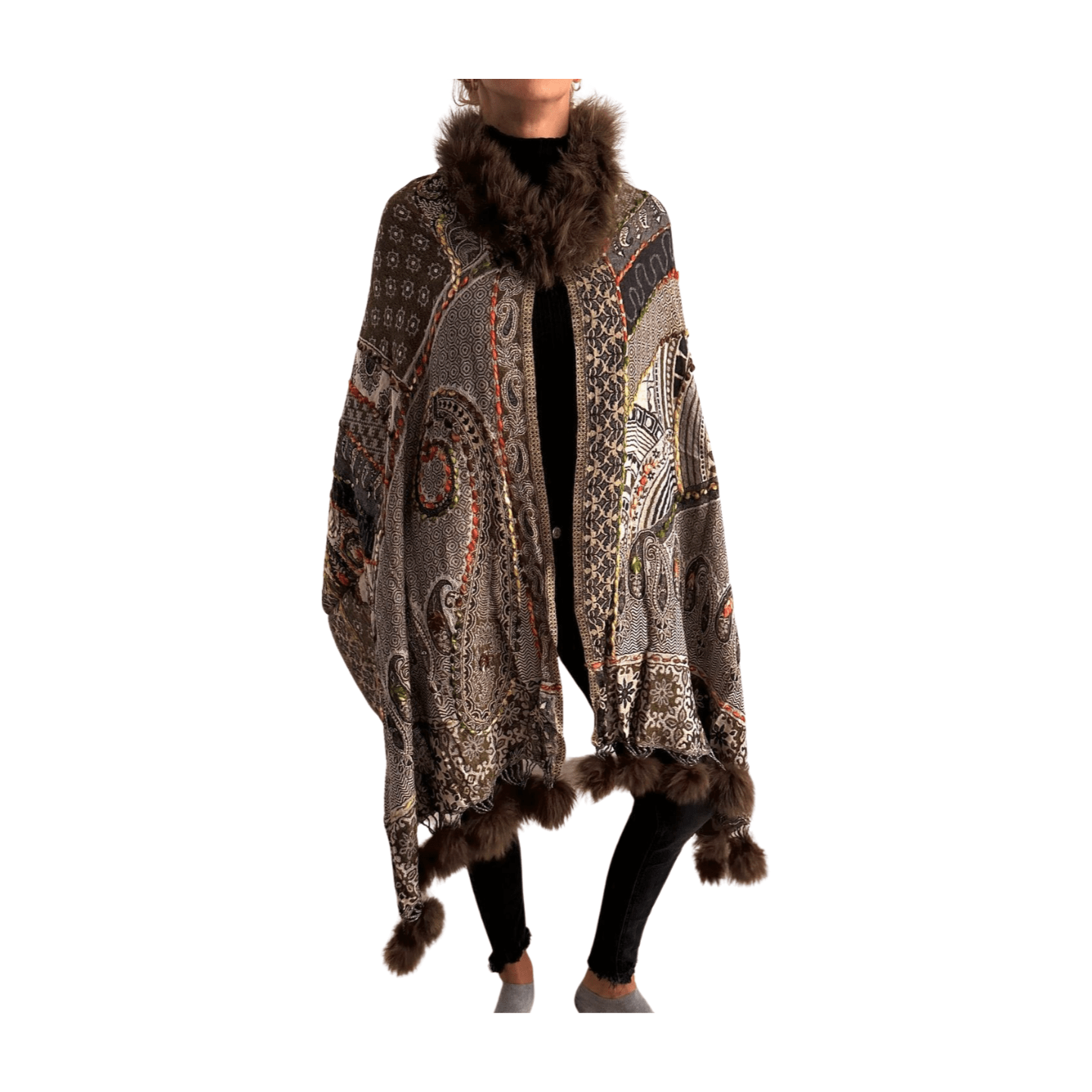 Pashmina de lana bordada con borlas y cuello de pelito-Modelo H