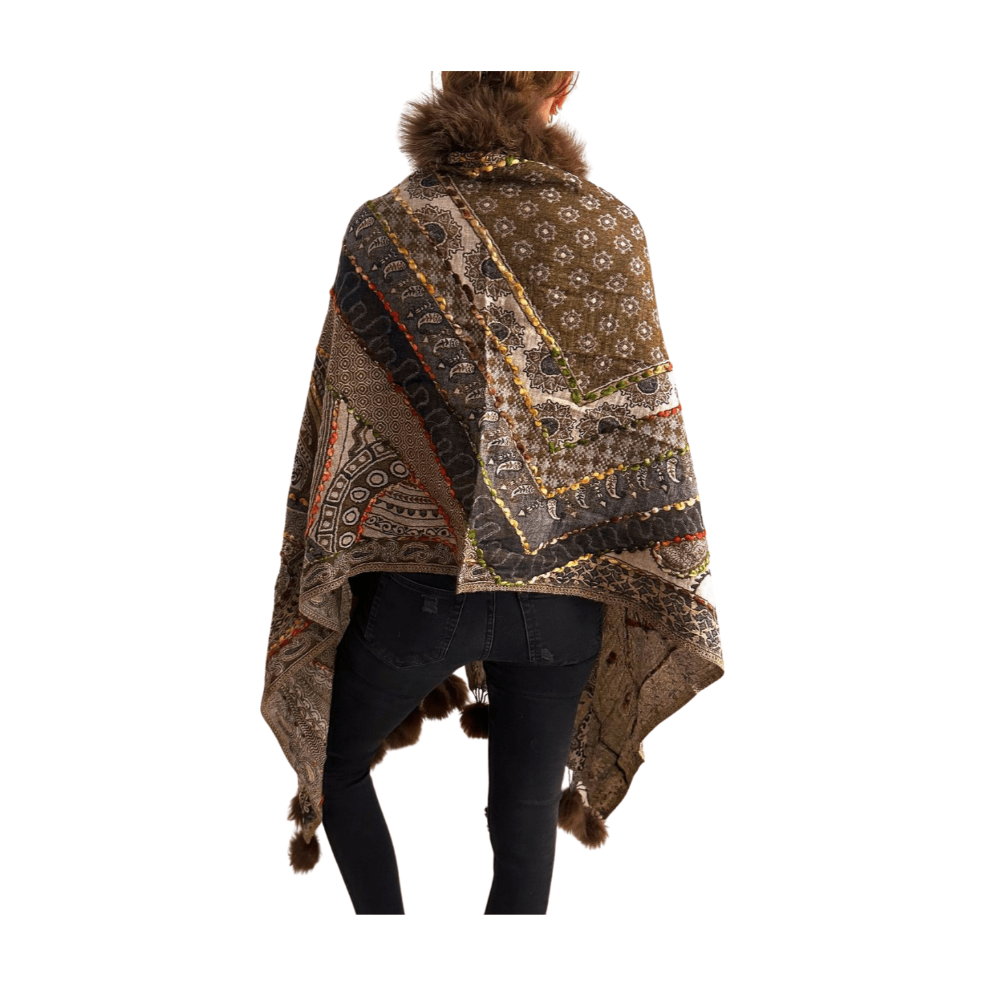 Pashmina de lana bordada con borlas y cuello de pelito-Modelo H