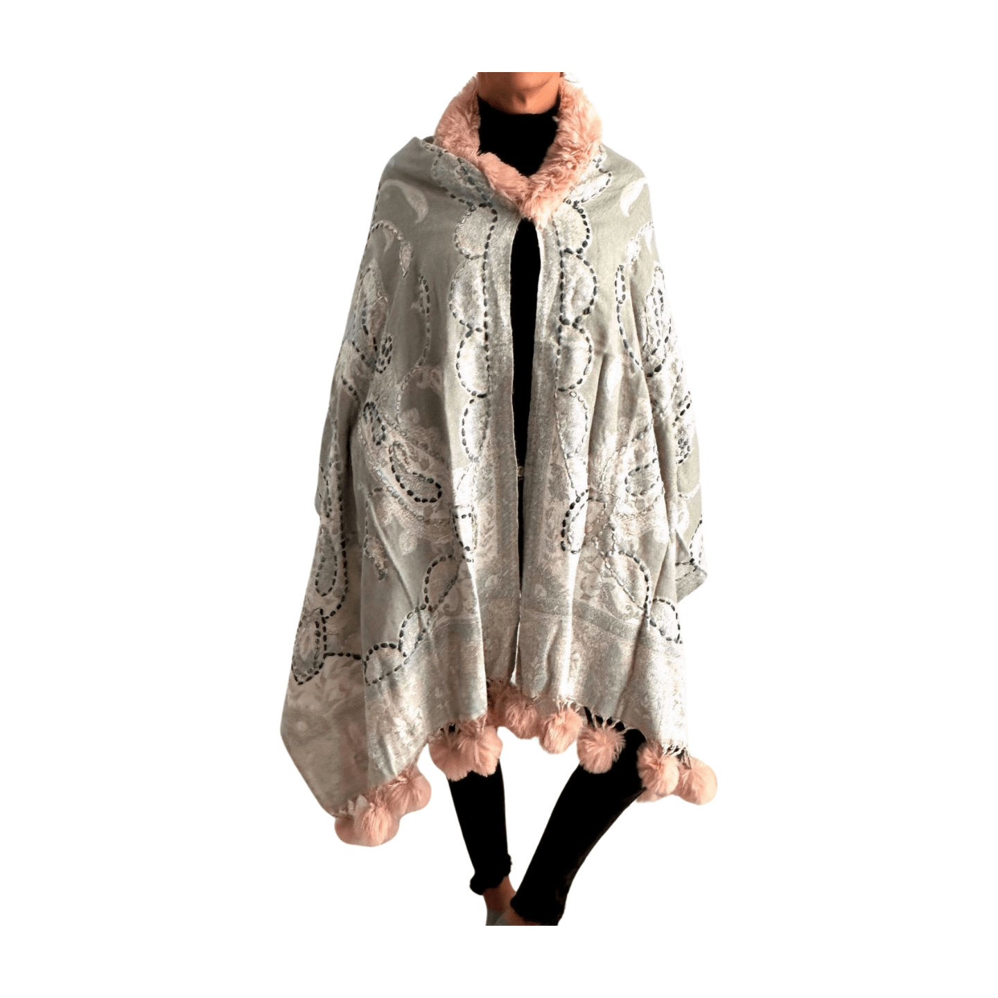Pashmina de lana bordada con borlas y cuello de pelito-Modelo M