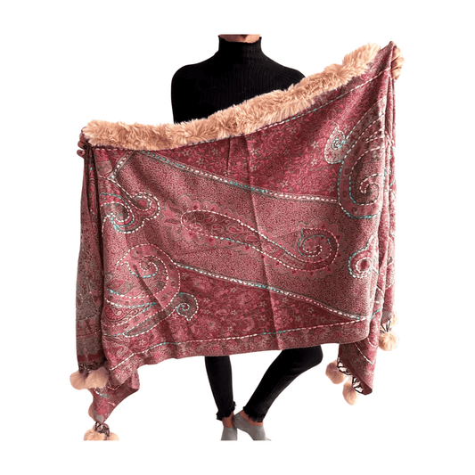 Pashmina de lana bordada con borlas y cuello de pelito-Modelo D