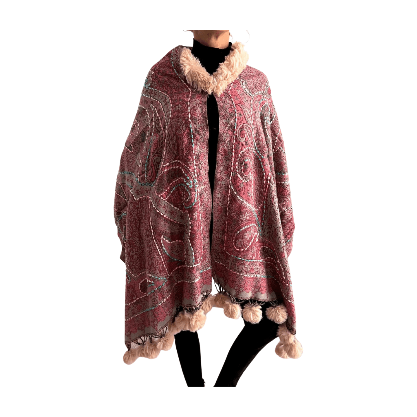 Pashmina de lana bordada con borlas y cuello de pelito-Modelo D