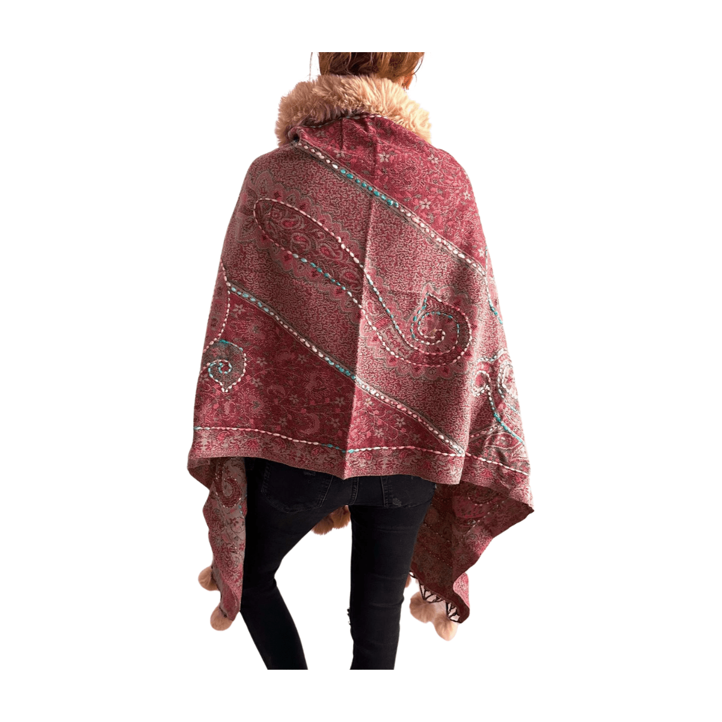 Pashmina de lana bordada con borlas y cuello de pelito-Modelo D