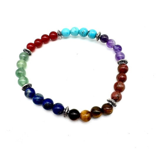 Pulsera elástica de minerales 7 chakras con adornos plateados