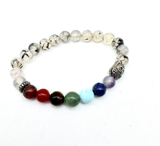 Pulsera elástica de minerales ÓPALO CON TURMALINA NEGRA, 7 chakras y cabeza de Buda
