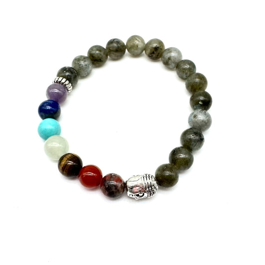 Pulsera elástica de minerales LABRADORITA con minerales 7 chakras y cabeza Buda