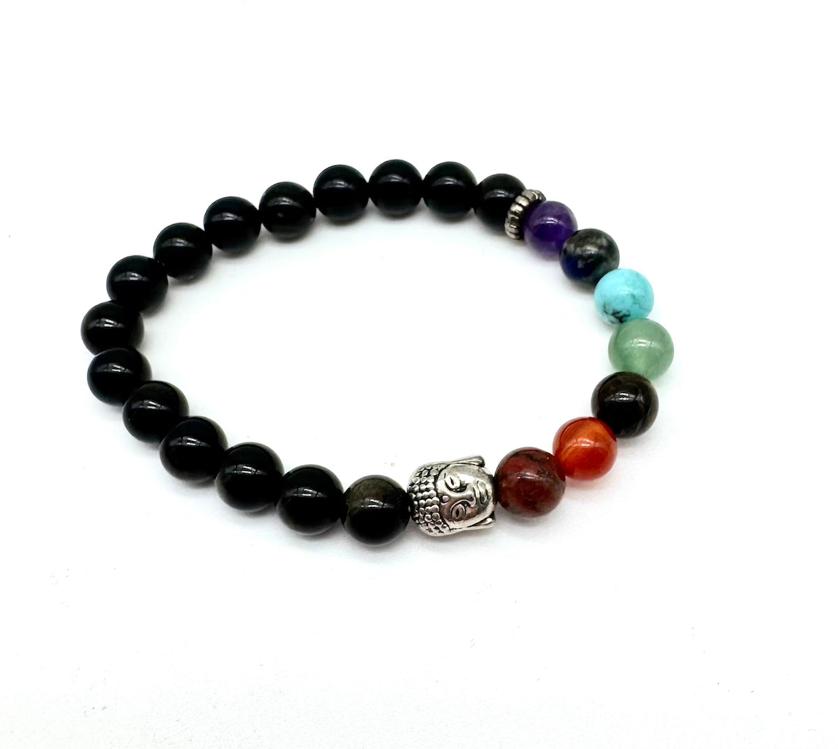 Pulsera elástica de minerales OBSIDIANA NEGRA, minerales 7 chakras y cabeza de Buda