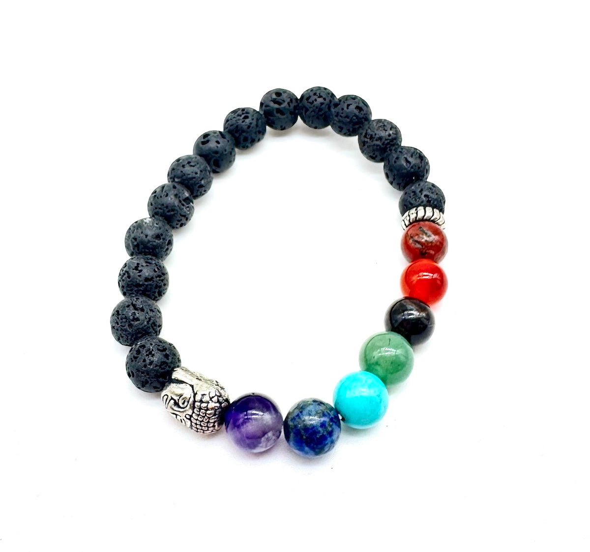 Pulsera elástica de minerales PIEDRA VOLCÁNICA, minerales 7 chakras y cabeza de Buda