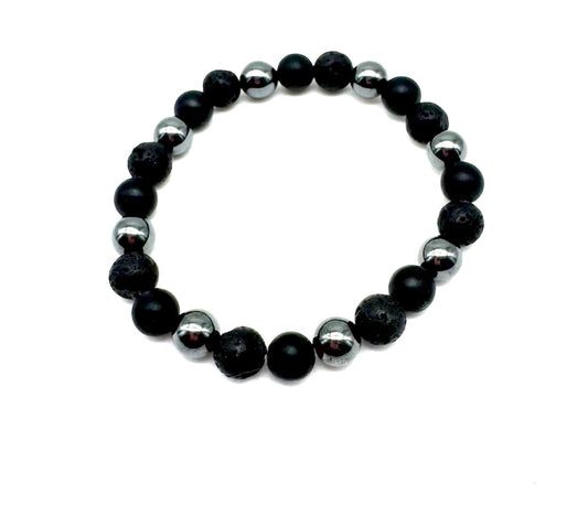 Pulsera elástica de minerales PIEDRA VOLCÁNICA y HEMATITE