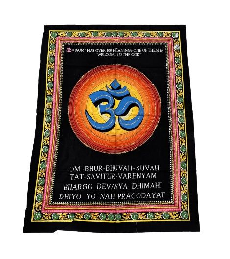 Tapiz bhakti pintado del mantra OM y Gayatri Mantra