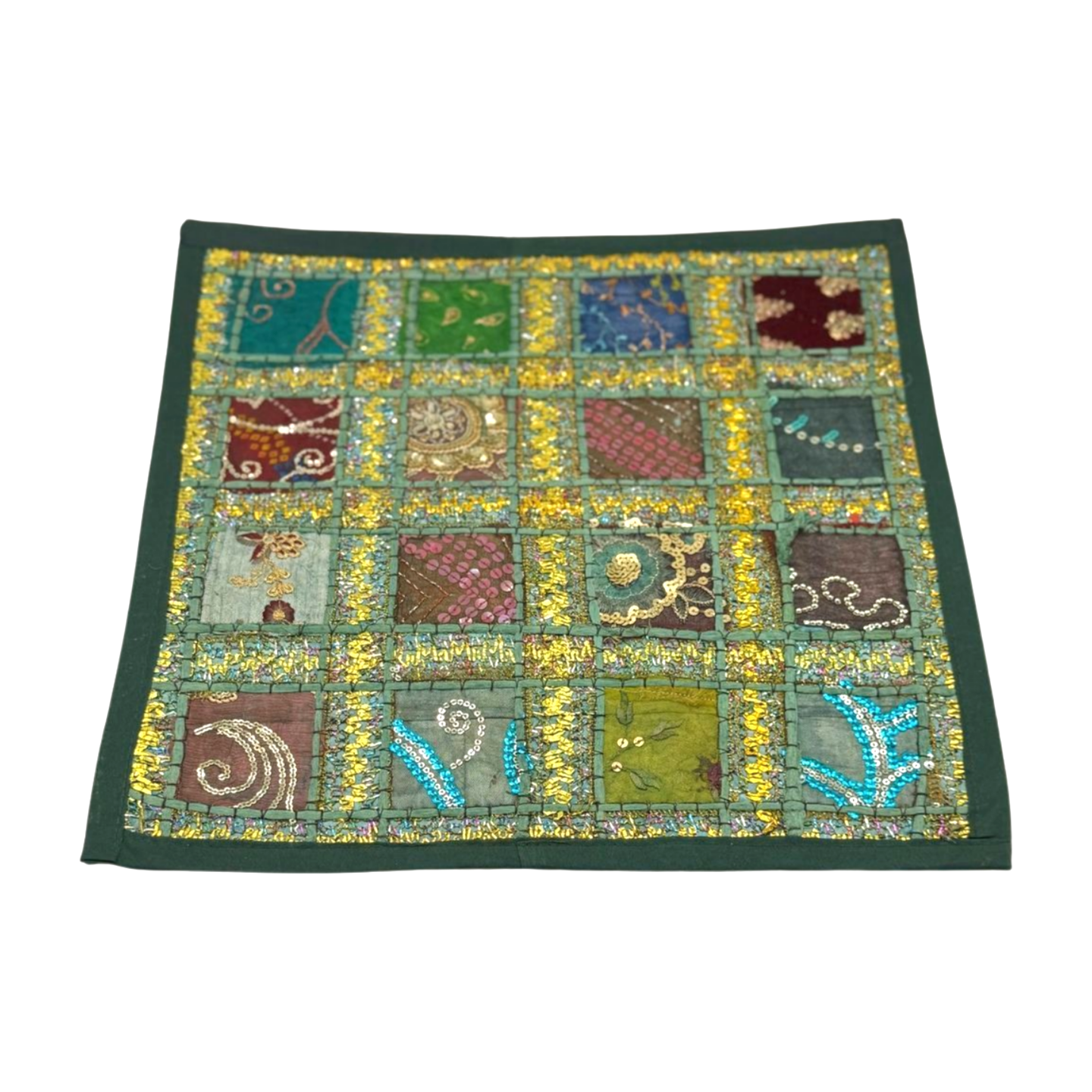Funda de cojín étnico indio bordado patchwork VERDE BOTELLA
