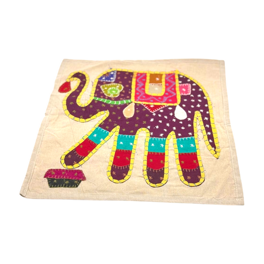 Funda de cojín étnico indio con elefante de patchwork