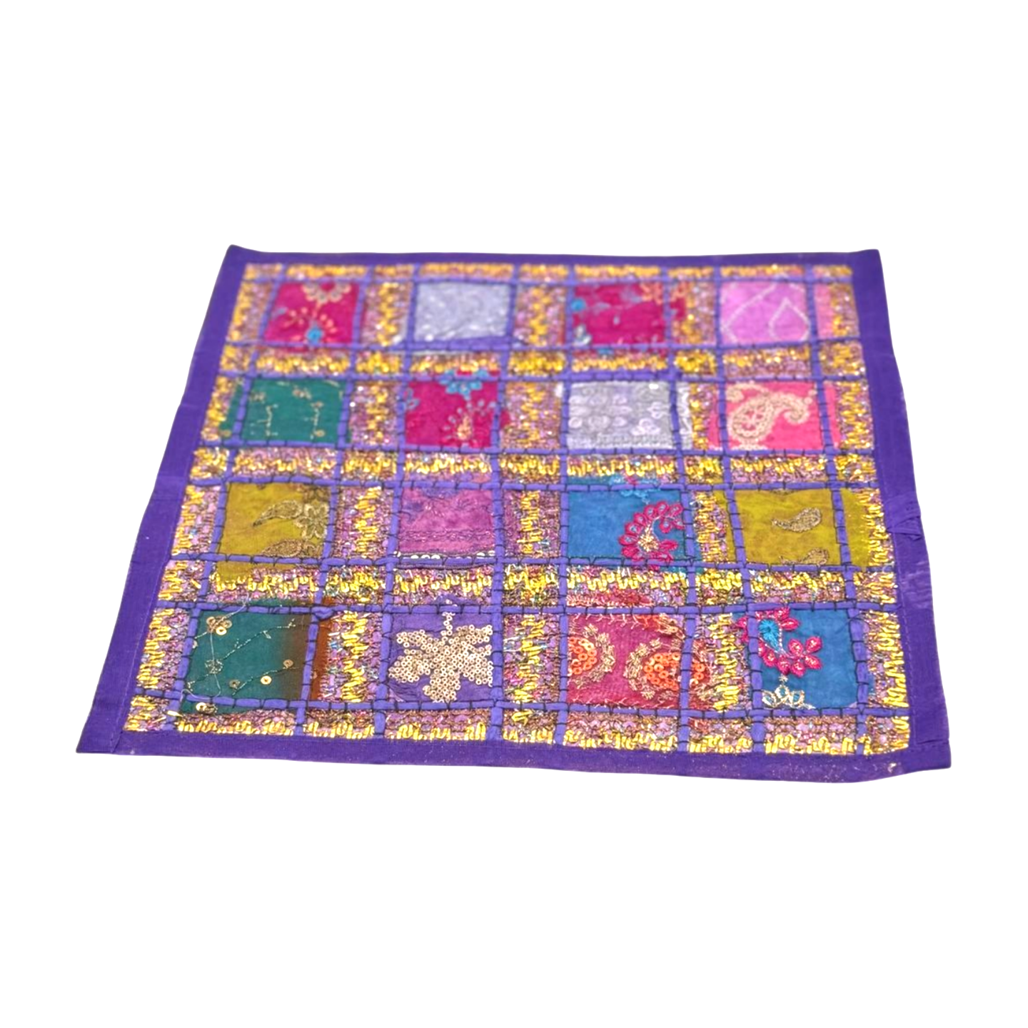 Funda de cojín étnico indio bordado patchwork MORADO