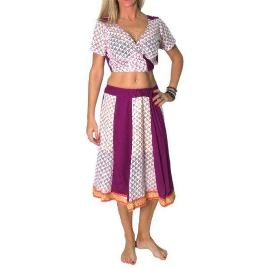 Conjunto Bolywood con falda y choli cruzado lila y blanco brillante