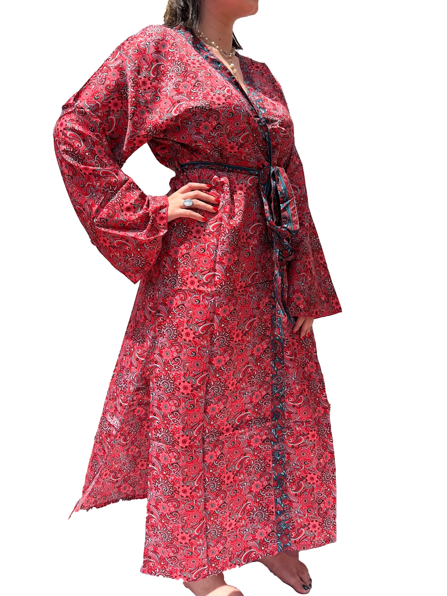 Kimono de seda india estampado rojo coral – comercio ético