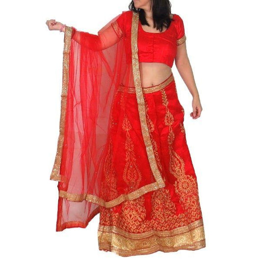 Conjunto Lengha choli y dupatta bordado rojo y dorado