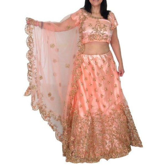 Conjunto Lengha choli y dupatta bordado color rosa palo