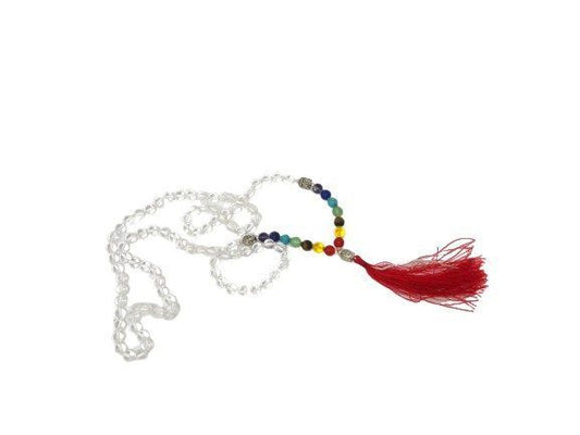 Mala de minerales naturales de CUARZO BLANCO O CRISTAL DE ROCA con piedras de 7 CHAKRAS y cabeza de BUDA
