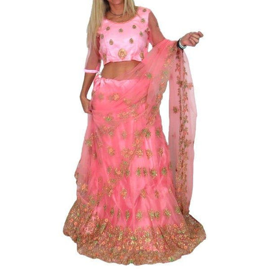 Conjunto Lengha choli y dupatta bordado color rosa