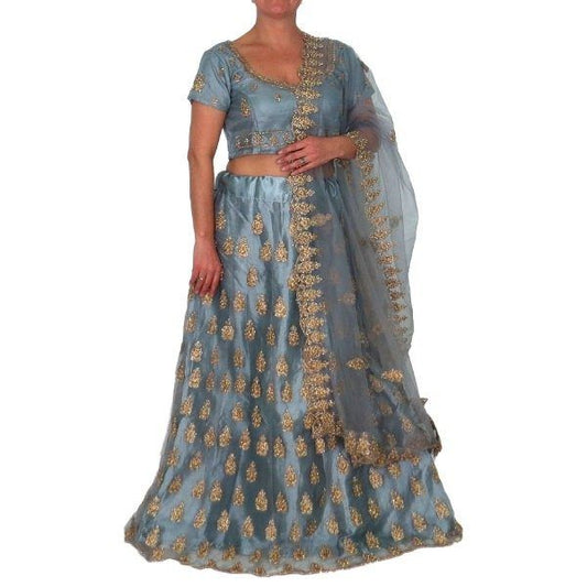 Conjunto Bollywood Lengha choli bordado flor de lis con dupatta